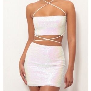 Lucy in the Sky Sequin Halter Crop Top & Mini Skirt‎ Set Size M